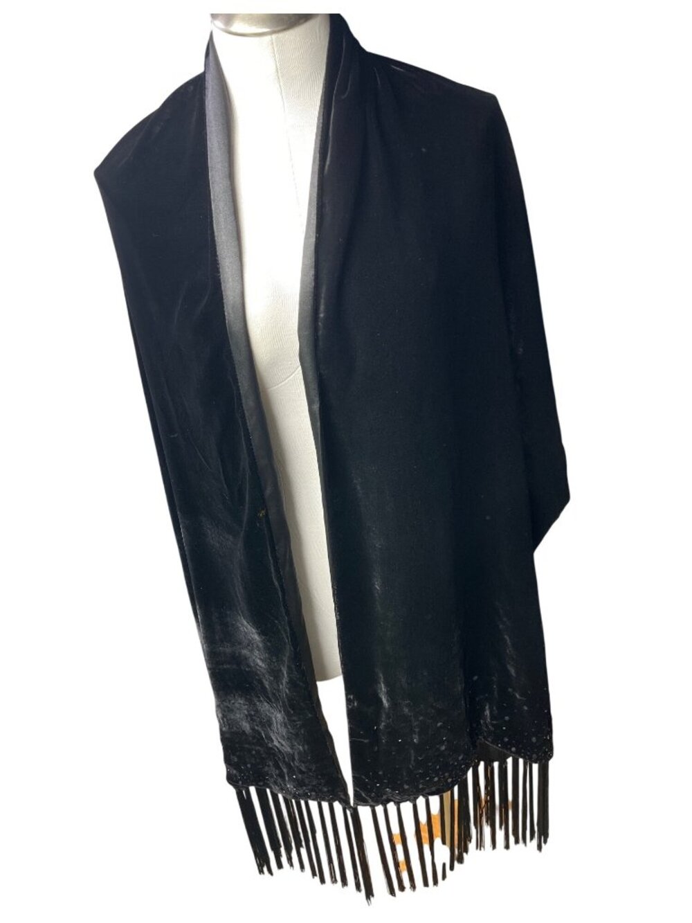 Lord & Taylor Black Velvet Sequin Fringe Scarf 80" L x 20" W Rayon Silk Blend
